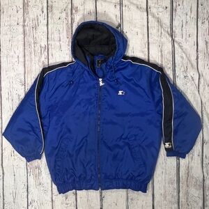 VTG Y2K Starter Blue and Black Hooded Jacket Logo Stitched Puffy Park Coat